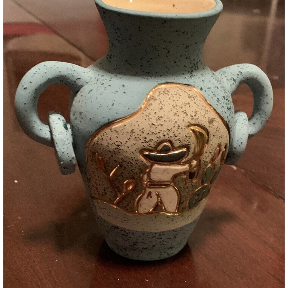 Ceramica Gardiel Linea 24K Gold Mexico Pottery Blue Vase Jug Cactus Sombrero